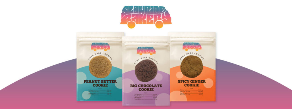 Three packages of cookie edibles with flavours peanut butter, big chocolate, and spicy ginger available at Purple Moose Cannabis' Oshawa Dispensary