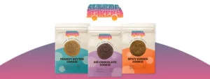 Three packages of cookie edibles with flavours peanut butter, big chocolate, and spicy ginger available at Purple Moose Cannabis' Oshawa Dispensary