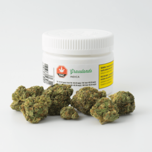 grasslands indica cannabis flower and package available at Purple Moose Cannabis' Oshawa Dispensary