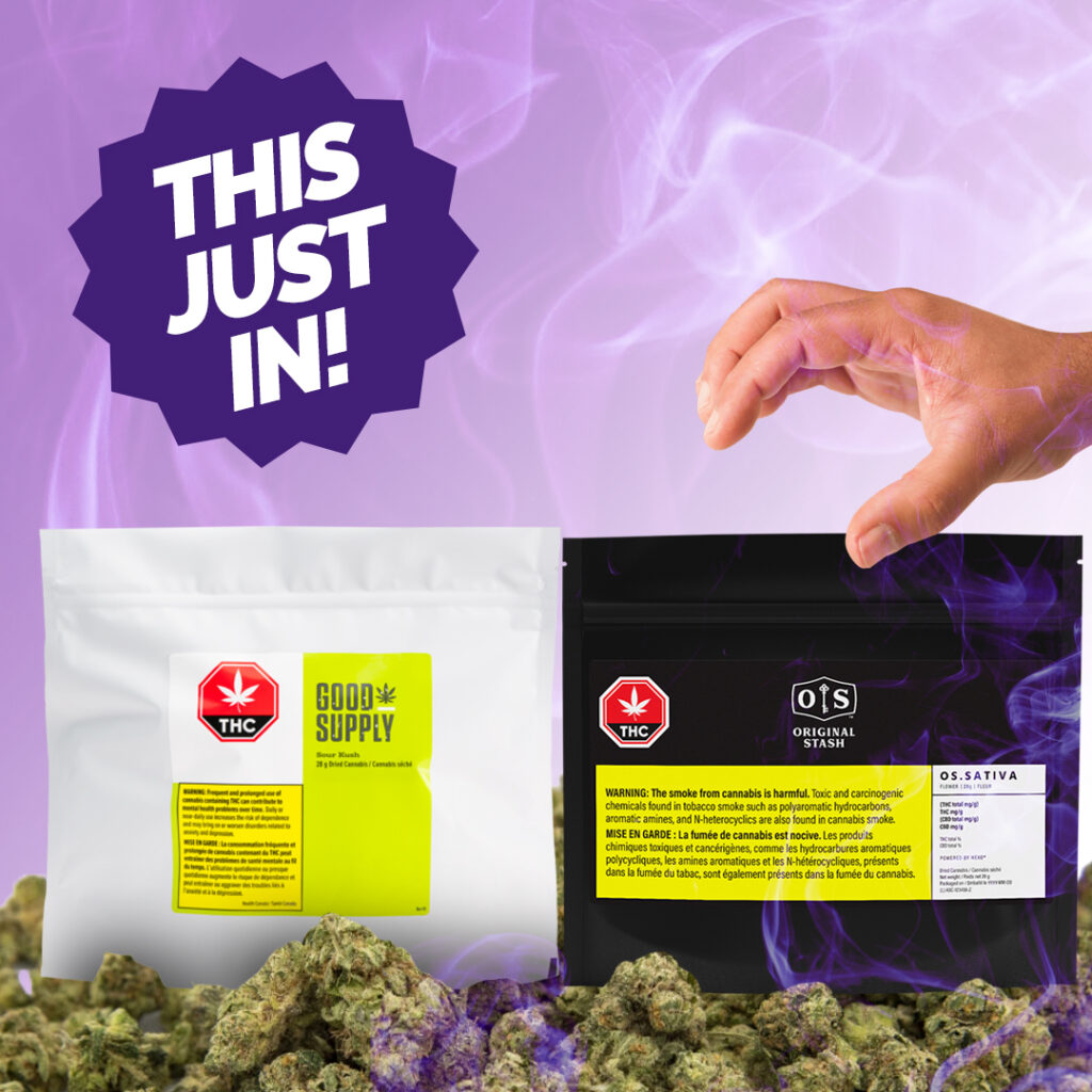 "This Just in": good supply sour kush and original stash sativa available at Purple Moose Cannabis' Oshawa Dispensary